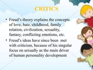 CRITICS
• Freud’s theory explains the concepts
of love, hate, childhood, family
relation, civilization, sexuality,
fantasy, conflicting emotions, etc.
• Freud’s ideas have since been met
with criticism, because of his singular
focus on sexually as the main driver
of human personality development
 