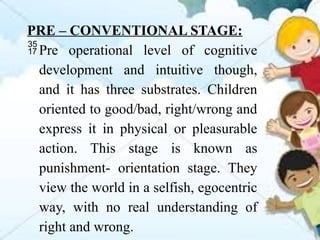PRE – CONVENTIONAL STAGE:
Pre operational level of cognitive
development and intuitive though,
and it has three substrates. Children
oriented to good/bad, right/wrong and
express it in physical or pleasurable
action. This stage is known as
punishment- orientation stage. They
view the world in a selfish, egocentric
way, with no real understanding of
right and wrong.
 
