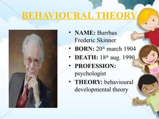 BEHAVIOURAL THEORY
• NAME: Burrhus
Frederic Skinner
• BORN: 20th
march 1904
• DEATH: 18th
aug. 1990
• PROFESSION:
psychologist
• THEORY: behavioural
developmental theory
 