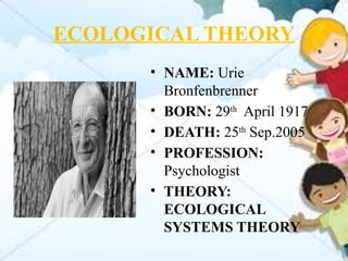 ECOLOGICAL THEORY
• NAME: Urie
Bronfenbrenner
• BORN: 29th
April 1917
• DEATH: 25th
Sep.2005
• PROFESSION:
Psychologist
• THEORY:
ECOLOGICAL
SYSTEMS THEORY
 