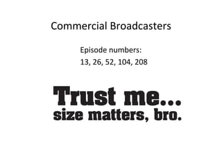 Commercial	
 ?Broadcasters	
 ?
Episode	
 ?numbers:	
 ?
13,	
 ?26,	
 ?52,	
 ?104,	
 ?208	
 ?
 