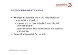 RISK/REWARD CHARACTERISTICS


     • The figures illustrate two of the most important
       characteristics of options:
 ...