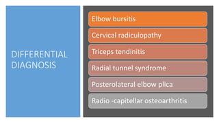 DIFFERENTIAL
DIAGNOSIS
Elbow bursitis
Cervical radiculopathy
Triceps tendinitis
Radial tunnel syndrome
Posterolateral elbow plica
Radio -capitellar osteoarthritis
 