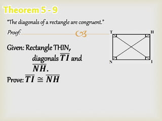 
“The diagonalsof a rectangle are congruent.”
Proof:
Given: Rectangle THIN,
diagonals 𝑻𝑰 and
𝑵𝑯.
Prove: 𝑻𝑰 ≅ 𝑵𝑯
 