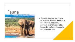 Fauna
• fauna é riquíssima e possui
os maiores animais da terra e
nas savanas e estepes,
povoam os antílopes, leão,
leopardo, elefante, hipopóta
mo e rinoceronte.
 