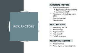 RISK FACTORS
MATERNAL FACTORS
 Rupture of membranes
 Spontaneous(Preterm ROM)
 Amniotomy(ARM)
 Pelvic tumors (Including preterm
ROM)
 Pelvic contraction
 Preterm labor
FETAL FACTORS
 Prematurity & IUGR
 Abnormal lies
 Malpresentation
 Fetal anomaly
 Multiple pregnancy
PLACENTAL FACTORS
 Polyhydramnios
 Minor degree of placenta previa
 