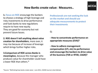 How Banks create value: Measures..
2
1. Focus on ROE encourage the bankers
to choose a strategy of high leverage and
risky investments to drive performance
and fuels banks to new regulations
require to have new equity.
They are good for economy but not
prevent future losses.
*Source: “Rethinking how banks create value’, June 2011, ICAEW Journal ,Anat Admati,
2. ROE doesn’t tell anything about value
creation for shareholders, more over, it
may rise because of increase of leverage
which brings further higher risks.
3.Comparison of ROE across Banks is
meaningless, because the manager who
produces value for shareholder could have
a lower ROE than others.*
Professionals are not seeking the luck
on the market and should use
adequate measurements to protect
their investments
- How to adhere management
compensation (LTI, etc) to performance
and encourage the bankers to drive value
of the business (TSR or RTSR, CAGR)?
- How to concentrate performance on
appropriate measures (EVA)?
Q:
 