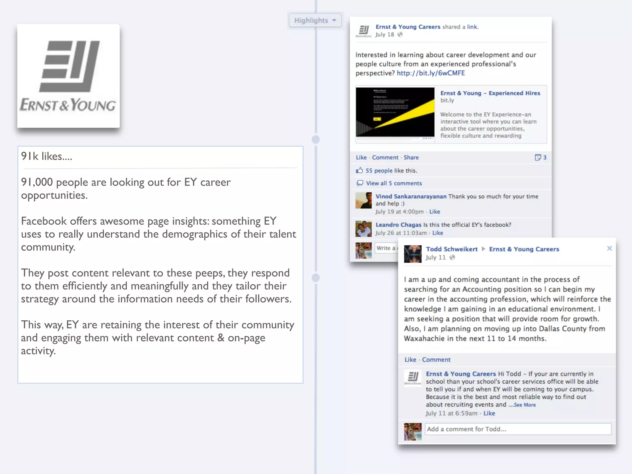 91k likes....

91,000 people are looking out for EY career
opportunities.

Facebook offers awesome page insights: something EY
uses to really understand the demographics of their talent
community.

They post content relevant to these peeps, they respond
to them efﬁciently and meaningfully and they tailor their
strategy around the information needs of their followers.

This way, EY are retaining the interest of their community
and engaging them with relevant content & on-page
activity.
 