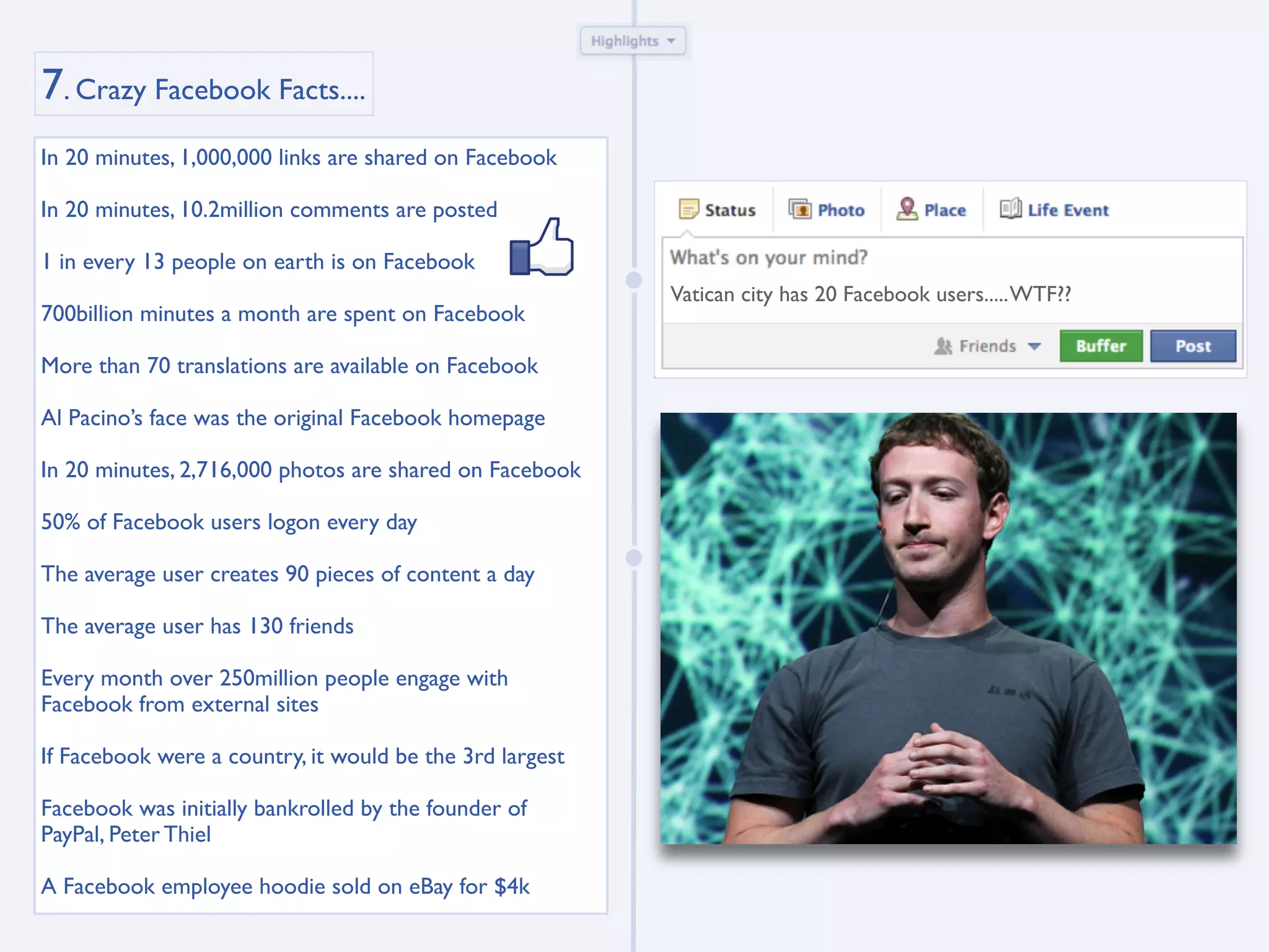 7. Crazy Facebook Facts....
In 20 minutes, 1,000,000 links are shared on Facebook

In 20 minutes, 10.2million comments are posted

1 in every 13 people on earth is on Facebook
                                                          Vatican city has 20 Facebook users..... WTF??
700billion minutes a month are spent on Facebook

More than 70 translations are available on Facebook

Al Pacino’s face was the original Facebook homepage

In 20 minutes, 2,716,000 photos are shared on Facebook

50% of Facebook users logon every day

The average user creates 90 pieces of content a day

The average user has 130 friends

Every month over 250million people engage with
Facebook from external sites

If Facebook were a country, it would be the 3rd largest

Facebook was initially bankrolled by the founder of
PayPal, Peter Thiel

A Facebook employee hoodie sold on eBay for $4k
 