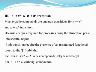 III. n ⇾ π* & π ⇾ π* transition
Most organic compounds are undergo transitions for n ⇾ π*
and π ⇾ π* transition.
Because energies required for processes bring the absorption peaks
into spectral region.
Both transition require the presence of an unsaturated functional
group to the ´∏´ orbitals.
Ex: For π ⇾ π* ⧐ Alkenes compounds, alkynes carbonyl
For n ⇾ π* ⧐ carbonyl compounds.
 