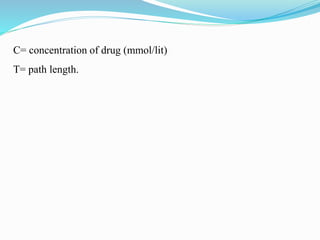 C= concentration of drug (mmol/lit)
T= path length.
 