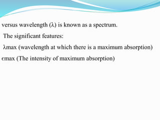 versus wavelength (λ) is known as a spectrum.
The significant features:
λmax (wavelength at which there is a maximum absorption)
єmax (The intensity of maximum absorption)
 