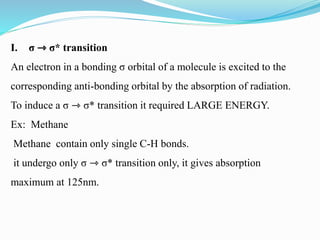 I. σ ⇾ σ* transition
An electron in a bonding σ orbital of a molecule is excited to the
corresponding anti-bonding orbital by the absorption of radiation.
To induce a σ ⇾ σ* transition it required LARGE ENERGY.
Ex: Methane
Methane contain only single C-H bonds.
it undergo only σ ⇾ σ* transition only, it gives absorption
maximum at 125nm.
 
