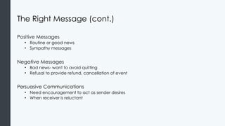 The Right Message (cont.)
Positive Messages
• Routine or good news
• Sympathy messages
Negative Messages
• Bad news- want to avoid quitting
• Refusal to provide refund, cancellation of event
Persuasive Communications
• Need encouragement to act as sender desires
• When receiver is reluctant
 
