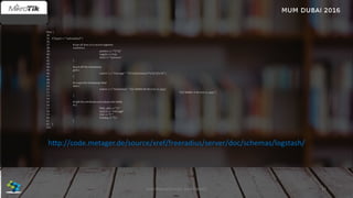 filter {
34
35 if [type] == "radiusdetail"{
36
37 # join all lines of a record together
38 multiline {
39 pattern => "^[^t]"
40 negate => true
41 what => "previous"
42 }
43
44 # pull off the timestamp
45 grok {
46 match => [ "message", "^(?<timestamp>[^nt]+)[nt]" ]
47 }
48
49 # create the timestamp field
50 date {
51 match => [ "timestamp", "EEE MMM dd HH:mm:ss yyyy",
52 "EEE MMM d HH:mm:ss yyyy" ]
53 }
54
55 # split the attributes and values into fields
56 kv {
57 field_split => "n"
58 source => "message"
59 trim => "" "
60 trimkey => "t "
61 }
62 }
63}
http://code.metager.de/source/xref/freeradius/server/doc/schemas/logstash/
José Manuel Román para FiberCli 33
 
