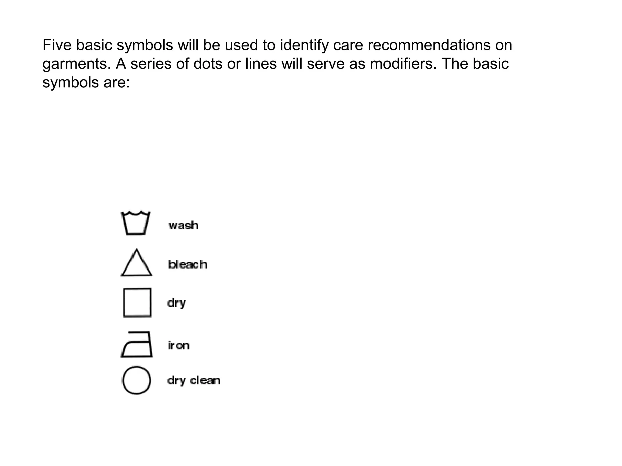 Five basic symbols will be used to identify care recommendations on
garments. A series of dots or lines will serve as modifiers. The basic
symbols are:
 