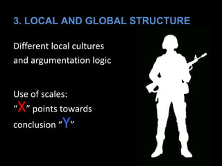 3. LOCAL AND GLOBAL STRUCTURE
Different local cultures
and argumentation logic
Use of scales:
“X” points towards
conclusion “Y”
 