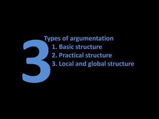 Types of argumentation
1. Basic structure
2. Practical structure
3. Local and global structure
 