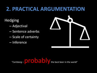 Hedging
– Adjectival
– Sentence adverbs
– Scale of certainty
– Inference
2. PRACTICAL ARGUMENTATION
“Carlsberg – probablythe best beer in the world”
 