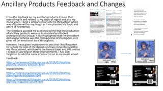 Ancillary Products Feedback and Changes
From the feedback on my ancillary products, I found that
everything fit and related to my topic of regret and also my
music video. I kept a similar colour scheme throughout which
was effective within my design as it emphasised my topic and
genre of heartbreak.
The feedback assisted me as it showed me that my production
of ancillary products were up to standard and looked
professional and unique. It was highlighted that the consistent
dark colour scheme was the main positive of my digipak, as it
gives off ‘an emotional aura’ throughout.
However, I was given improvements was that I had forgotten
to include the side of the digipak and two conventions within
my Music Advert, which were the Record Label and URL and so
I began on working on these improvements. I had also
forgotten to add the name of my artist on to my music advert.
Feedback:
https://vincereyesa2.blogspot.co.uk/2018/03/drafting-
planning-ancillary-products.html
Improvements:
https://vincereyesa2.blogspot.co.uk/2018/03/drafting-
planning-side-of-digipak.html
https://vincereyesa2.blogspot.co.uk/2018/03/drafting-
planning-magazine-advert.html
 