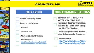 OUR EVENT
Career Counseling events
Events at local schools
Seminars
Education fair
DTU’s social charity sessions
Reference links:
http://www.facebook.com/DuHocDTU
http://www.facebook.com/toikhacbiet
OUR COMMUNICATIONS
Television: HTV7, HTV9, HTV4,
VCTV6, VCTV, VTV9, SNTV
Newspaper: Tuoi Tre, Thanh Nien,
Hoa Hoc Tro, Doanh Nhan & Phap
Luat, Muc Tim Giao Duc,….
Online: vnexpress, dantri, kenh14 ,
zing, vietbao, popular forums, ….
Reference links:
http://www.youtube.com/dtuvn
http://www.youtube.com/tanb
ORGANIZERS : DTU
 