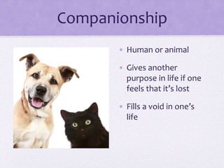 Companionship
• Human or animal
• Gives another
purpose in life if one
feels that it’s lost
• Fills a void in one’s
life
 