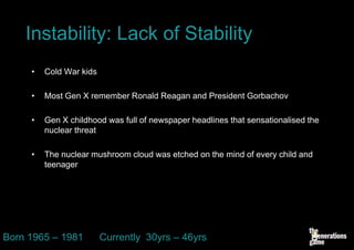 Instability: Lack of Stability
     •   Cold War kids

     •   Most Gen X remember Ronald Reagan and President Gorbachov

     •   Gen X childhood was full of newspaper headlines that sensationalised the
         nuclear threat

     •   The nuclear mushroom cloud was etched on the mind of every child and
         teenager




Born 1965 – 1981         Currently 30yrs – 46yrs
 