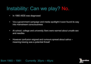 Instability: Can we play? No.
      •   In 1985 AIDS was diagnosed

      •   Via a government campaign and media spotlight it soon found its way
          into mainstream consciousness

      •   At school, college and university Xers were warned about unsafe sex
          and needles

      •   However confusion reigned and rumours spread about saliva –
          meaning kissing was a potential threat!




Born 1965 – 1981       Currently 30yrs – 46yrs
 