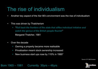 The rise of individualism
    •   Another key aspect of the Xer 80’s environment was the rise of individualism


    •   This was driven by Thatcherism
          “Roll back the frontiers of the state that stifles individual initiative and
           watch the genius of the British people flourish”
            Margaret Thatcher, 1981


    •   Over the decade
          Owning a property became more realisable
          Privatisation meant stock ownership increased
          New business start ups rose by 110% in 1985*

                                                                                  *Source: DTI SME Bureaux




Born 1965 – 1981         Currently 30yrs – 46yrs
 