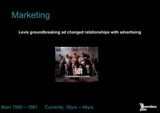 Marketing
       Levis groundbreaking ad changed relationships with advertising




Born 1965 – 1981    Currently 30yrs – 46yrs
 