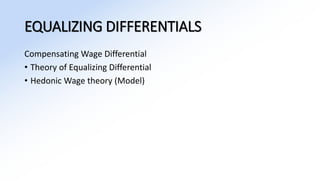 EQUALIZING DIFFERENTIALS
Compensating Wage Differential
• Theory of Equalizing Differential
• Hedonic Wage theory (Model)
 