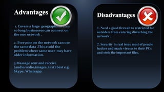 1. Covers a large geographical area
so long businesses can connect on
the one network .
2. Everyone on the network can use
the same data .This avoid the
problem where same user may have
older information.
3.Massage sent and receive
(audio,vedio,images, text) best e.g.
Skype, Whatsapp.
1. Need a good firewall to restricted for
outsiders from entering disturbing the
network .
2. Security is real issue most of people
hacker and made viruses to their PCs
and stole the important files.
 