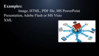 Examples:
( Image, HTML, PDF file, MS PowerPoint
Presentation, Adobe Flash or MS Visio
XML
 