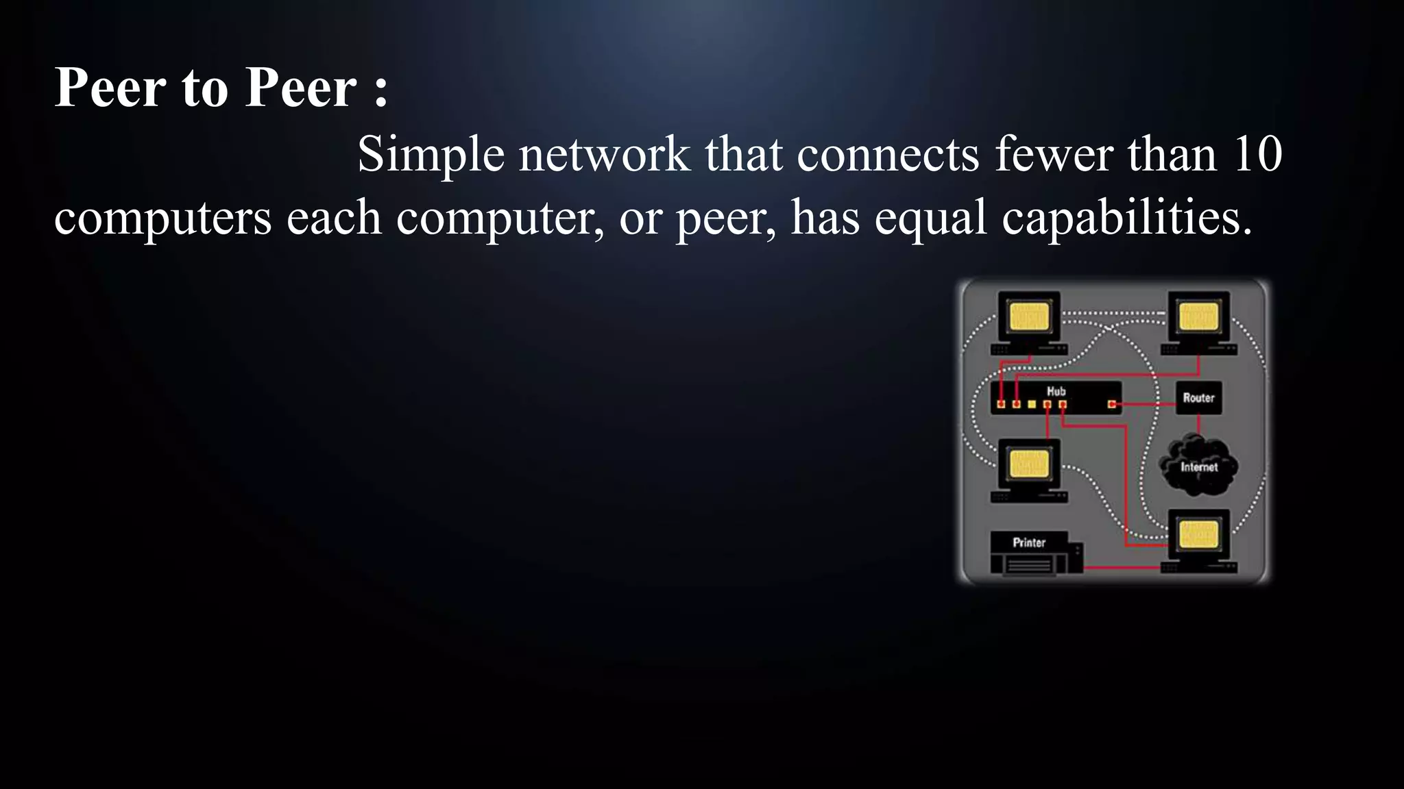 Peer to Peer :
Simple network that connects fewer than 10
computers each computer, or peer, has equal capabilities.
 