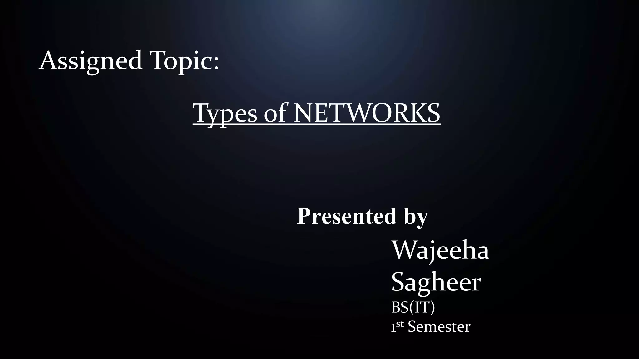 Wajeeha
Sagheer
BS(IT)
1st Semester
Assigned Topic:
Types of NETWORKS
Presented by
 