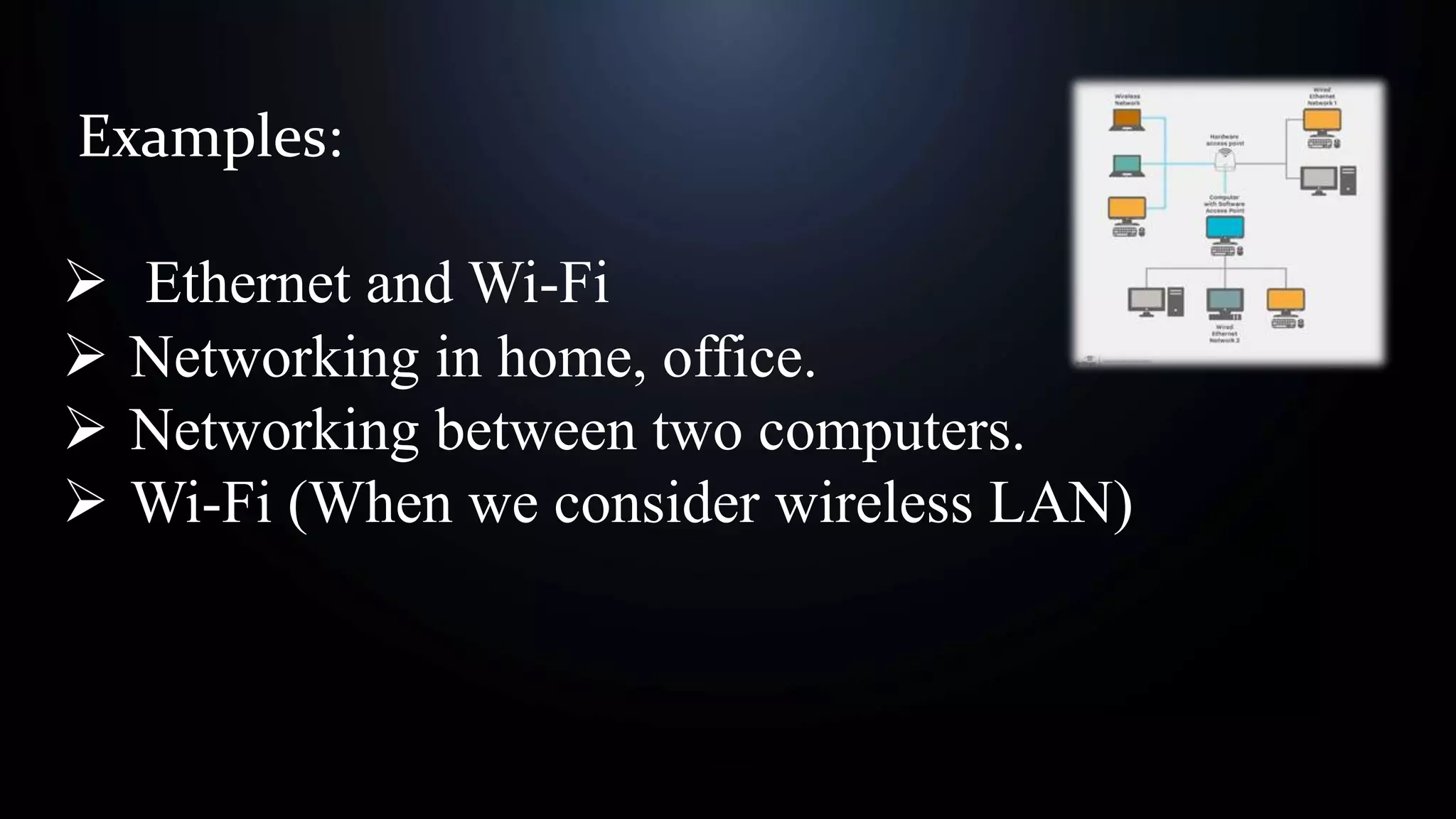 Examples:
 Ethernet and Wi-Fi
 Networking in home, office.
 Networking between two computers.
 Wi-Fi (When we consider wireless LAN)
 