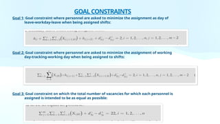 GOALCONSTRAINTS
Goal 1: Goal constraint where personnel are asked to minimize the assignment as day of
leave-workday-leave when being assigned shifts:
Goal 2: Goal constraint where personnel are asked to minimize the assignment of working
day-tracking-working day when being assigned to shifts:
Goal 3: Goal constraint on which the total number of vacancies for which each personnel is
assigned is intended to be as equal as possible:
 