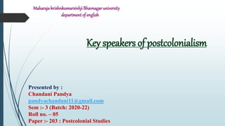Maharaja krishnkumarsinhji Bhavnagar university
department of english
Key speakers of postcolonialism
Presented by :
Chandani Pandya
pandyachandani11@gmail.com
Sem :- 3 (Batch: 2020-22)
Roll no. – 05
Paper :- 203 : Postcolonial Studies
 