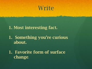Volcanoes: Domino EffectCan lead toEarthquakesCan lead to landslidesLandslidesMixing debris with waterTsunamisDirt overflows streamsClipart from PowerPoint