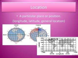 LocationA particular place or position. (longitude, latitude, general location) 