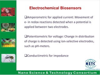 Electrochemical Biosensors
Amperometric for applied current: Movement of
e- in redox reactions detected when a potential is
applied between two electrodes.
Potentiometric for voltage: Change in distribution
of charge is detected using ion-selective electrodes,
such as pH-meters.
Conductimetric for impedance
 