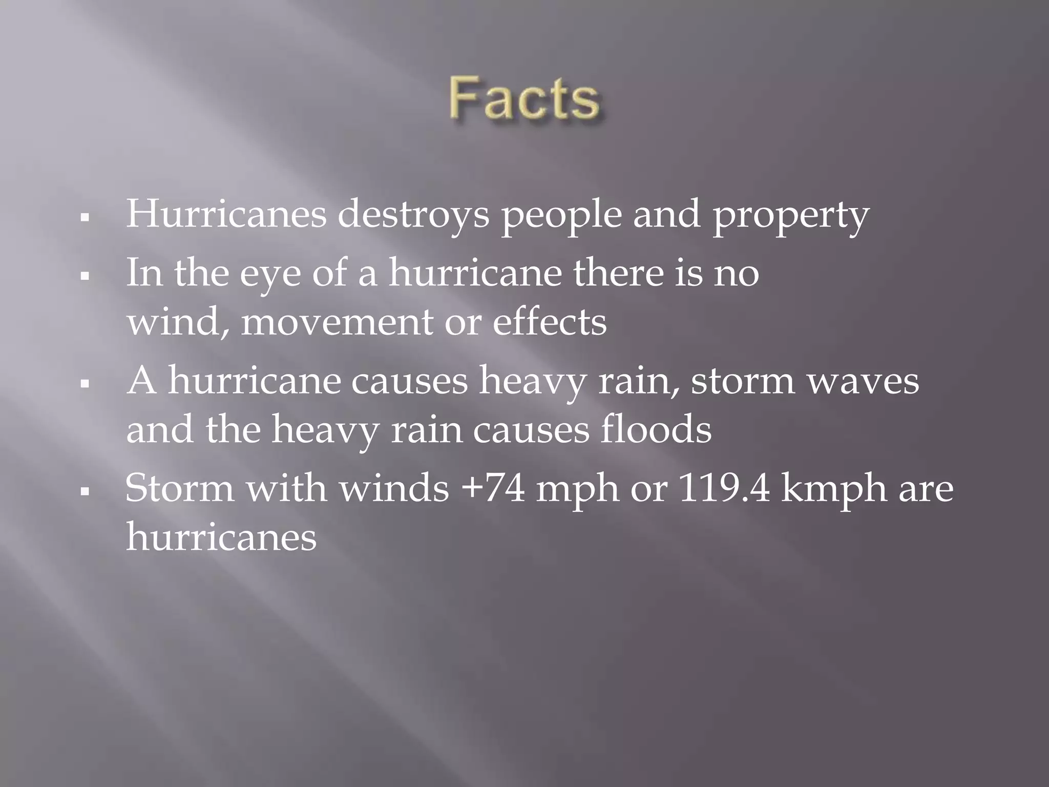 FactsHurricanes destroys people and property