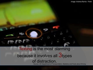 image: Andrea Narita - FlickrTexting is the most alarming because it involves all 3types of distraction.Source: US Department of Transportation, Statistics and Facts about Driving
