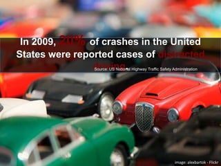 In 2009, 20% of crashes in the United States were reported cases of distracted driving.Source: US National Highway Traffic Safety Administrationimage: alexbartok - Flickr 