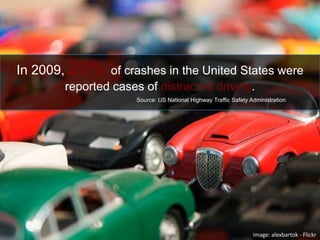 In 2009, 20% of crashes in the United States were reported cases of distracted driving.Source: US National Highway Traffic Safety Administrationimage: alexbartok - Flickr 