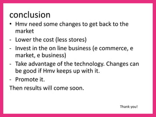 conclusion
• Hmv need some changes to get back to the
  market
- Lower the cost (less stores)
- Invest in the on line business (e commerce, e
  market, e business)
- Take advantage of the technology. Changes can
  be good if Hmv keeps up with it.
- Promote it.
Then results will come soon.

                                        Thank you!
 