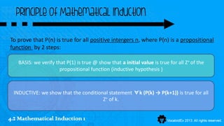Principle of Mathematical Induction

To prove that P(n) is true for all positive intergers n, where P(n) is a propositional
function by 2 steps:

   BASIS: we verify that P(1) is true @ show that a initial value is true for all Z+ of the
                      propositional function (inductive hypothesis )



 INDUCTIVE: we show that the conditional statement ∀k (P(k) → P(k+1)) is true for all
                                      Z+ of k.


4.2 Mathematical Induction 1
 