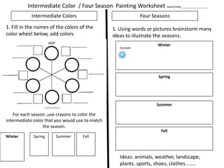 Intermediate Color / Four Season Painting Worksheet name/code_________________
Intermediate Colors

Four Seasons

1. Fill in the names of the colors of the
color wheel below, add colors.

1. Using words or pictures brainstorm many
ideas to illustrate the seasons.
Example:

Winter

Spring

Summer

For each season ,use crayons to color the
intermediate color that you would use to match
the season.
Winter

Spring

Summer

Fall

Fall

Ideas: animals, weather, landscape,
plants. sports, shoes, clothes……..

 