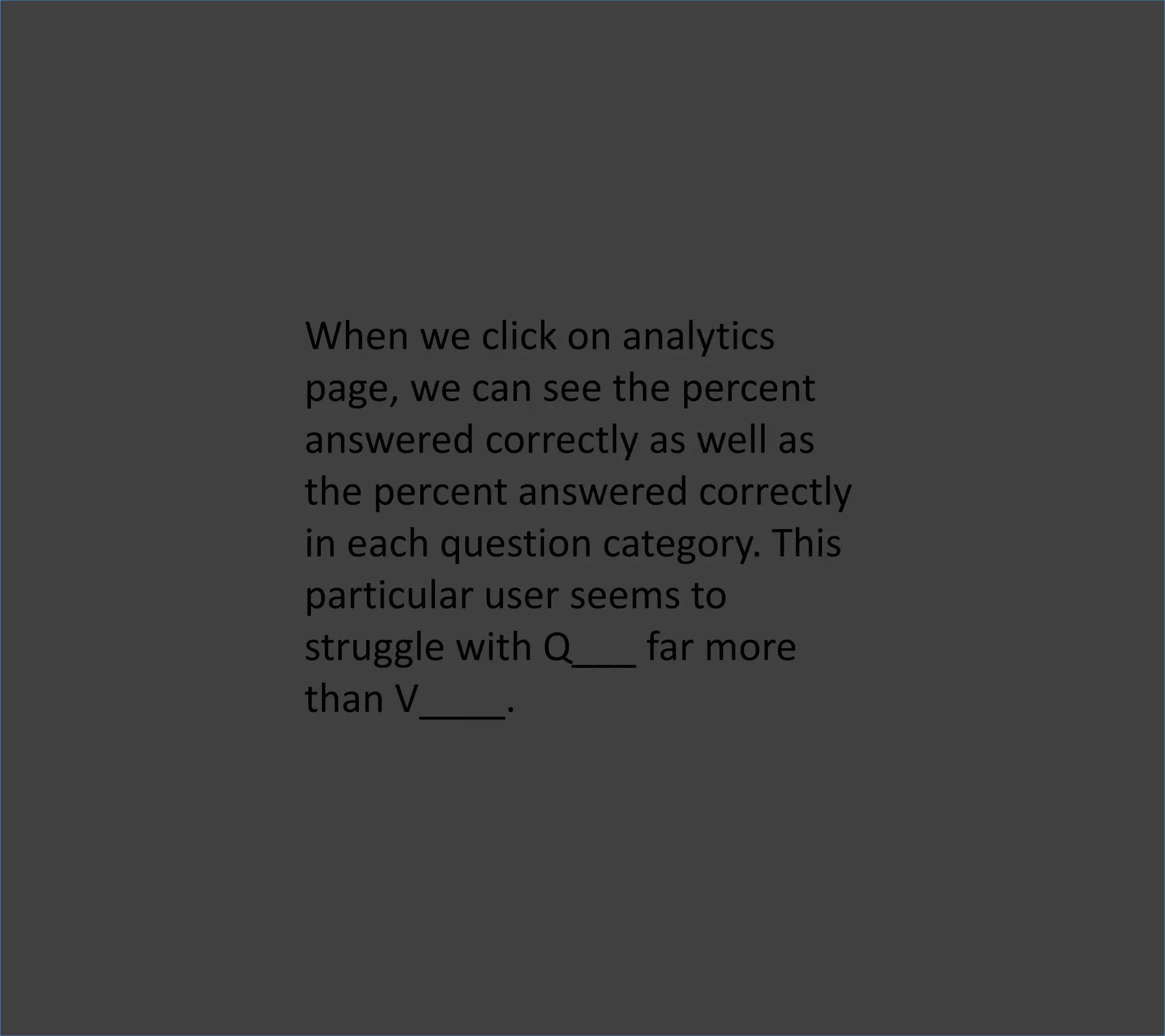 When we click on analytics
page, we can see the percent
answered correctly as well as
the percent answered correctly
in each question category. This
particular user seems to
struggle with Q___ far more
than V____.
 