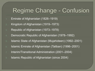 1. Emirate of Afghanistan (1826–1919) 
2. Kingdom of Afghanistan (1919–1973) 
3. Republic of Afghanistan (1973–1978) 
4. Democratic Republic of Afghanistan (1978–1992) 
5. Islamic State of Afghanistan (Mujahideen) (1992–2001) 
6. Islamic Emirate of Afghanistan (Taliban) (1996–2001) 
7. Interim/Transitional Administration (2001–2004) 
8. Islamic Republic of Afghanistan (since 2004) 
 